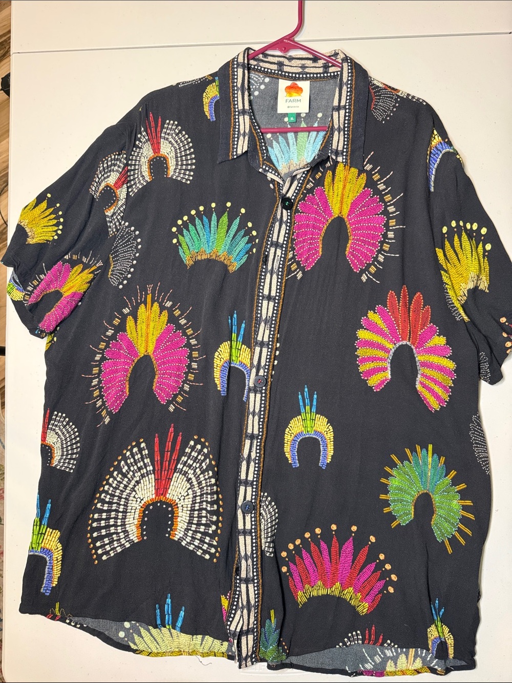 FARM Rio Wonderful Headdress Short Sleeve Button-Down Shirt Black Colorful XL